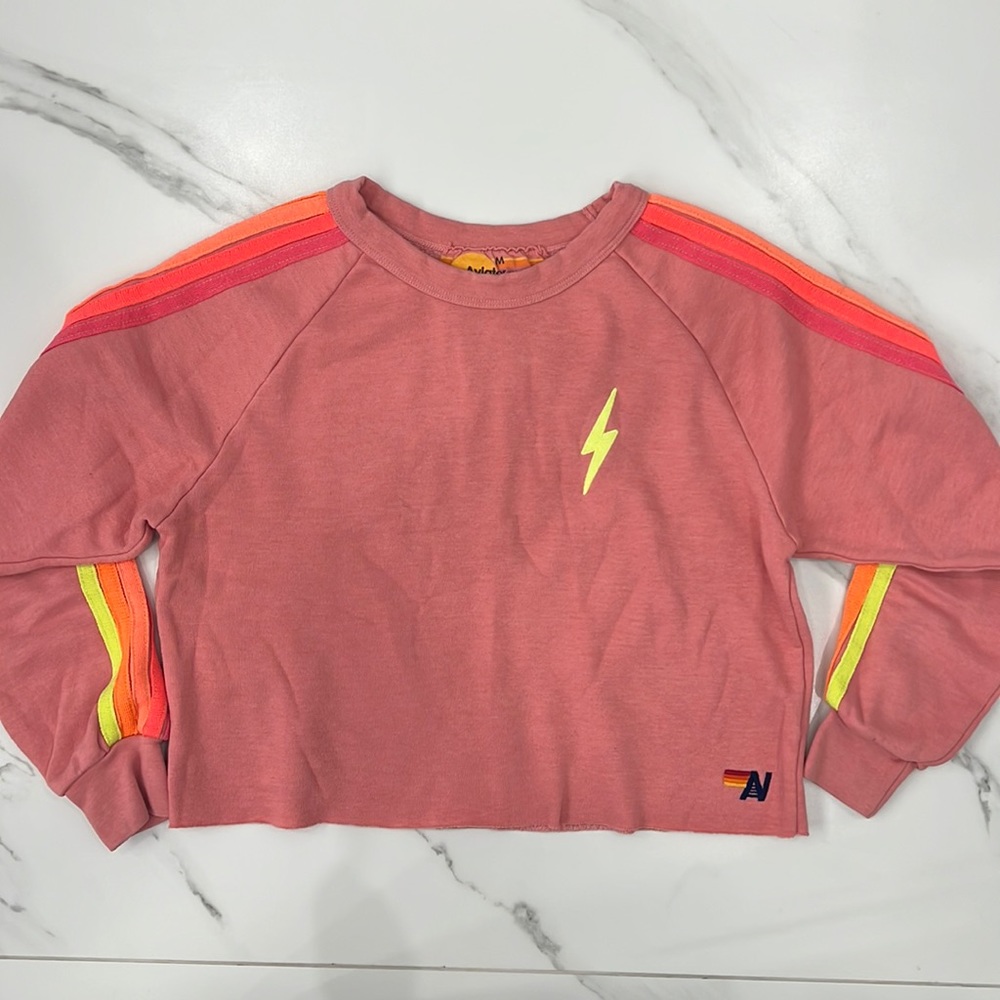 Aviator Nation Bolt Embroidery Classic Crop Sweatshirt Peach/Neon 5 Stripe